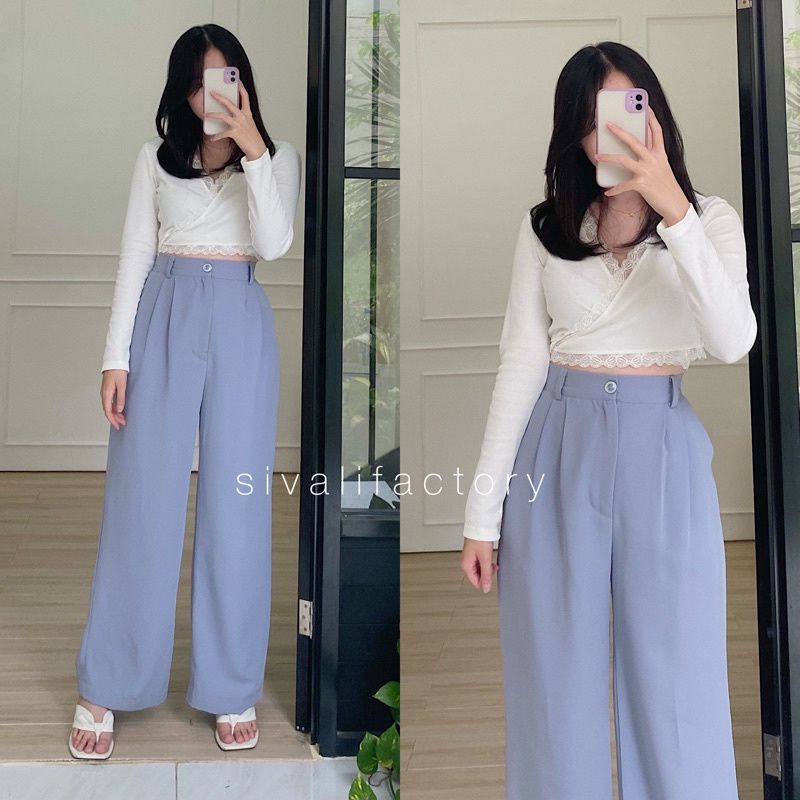 CELANA KULOT CRINKLE HIGWAIST WANITA LOOSE CULLOTE PANTS-Loose bluesky