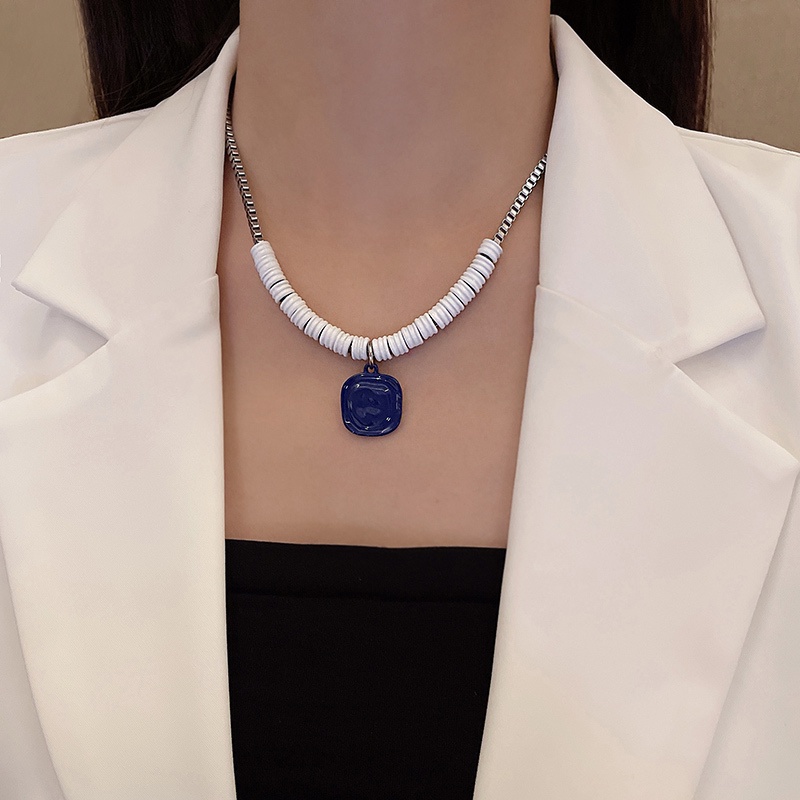 Klein Kalung Rantai Liontin Desain Geometri Warna Biru Gaya Trendymewah Untuk Wanita
