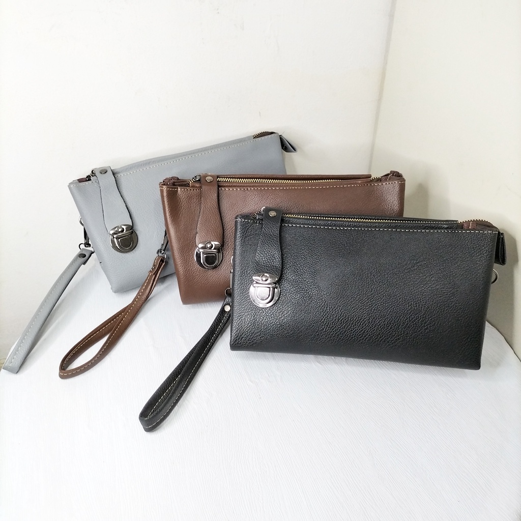 Clutch wanita multifungsi pouch cewek selempang dompet handphone tali panjang dompet besar kulit sintetis polos