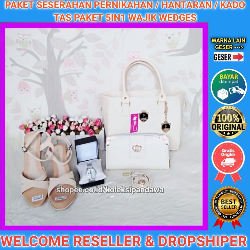 PAKET SESERAHAN PERNIKAHAN TAS DOMPET JAM TANGAN KACAMATA FASHION SENDAL WEDGES SANDAL WEDGES WANITA
