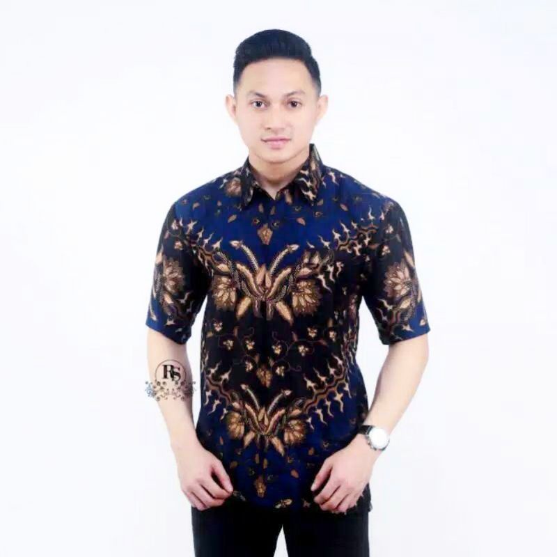 merak toska hem batik pria lengan pendek ukuran reguler M L XL-Hem Kris Biru