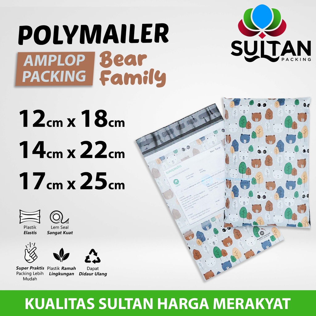 

Polymailer Polimailer Amplop Plastik Packing Rusfet Motif Bear Family Premium Satuan