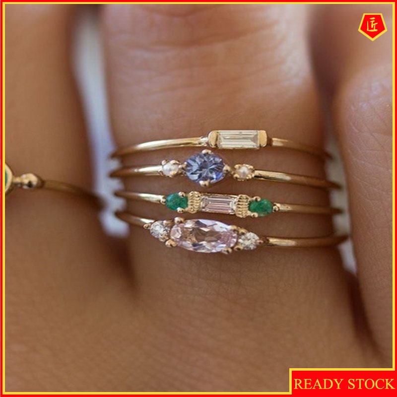 [Ready Stock]Simple Inlaid Diamond 4-Piece Ring Set