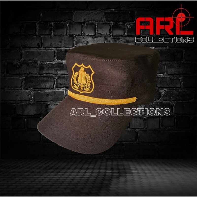 topi satpam security coklat terbaru/topi pet satpam lis kuning