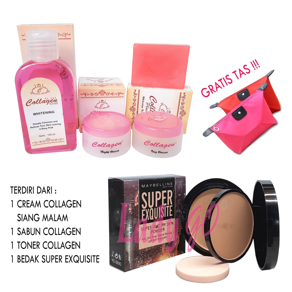 Paket Cream Collagen Plus Bedak Maybelline Super Exquisite / 4 in 1 ( Cream + Sabun + Toner + Bedak ) GRATIS TAS KOSMETIK POUCH