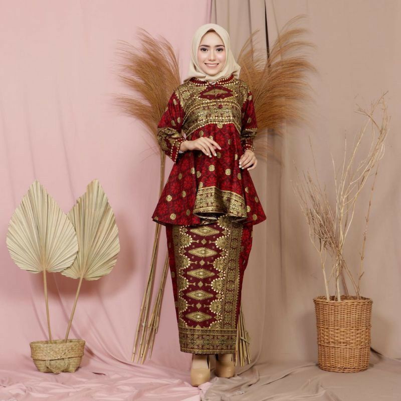 COUPLE SETELAN BATIK SONGKET PALEMBANG BABY DOLL MARON