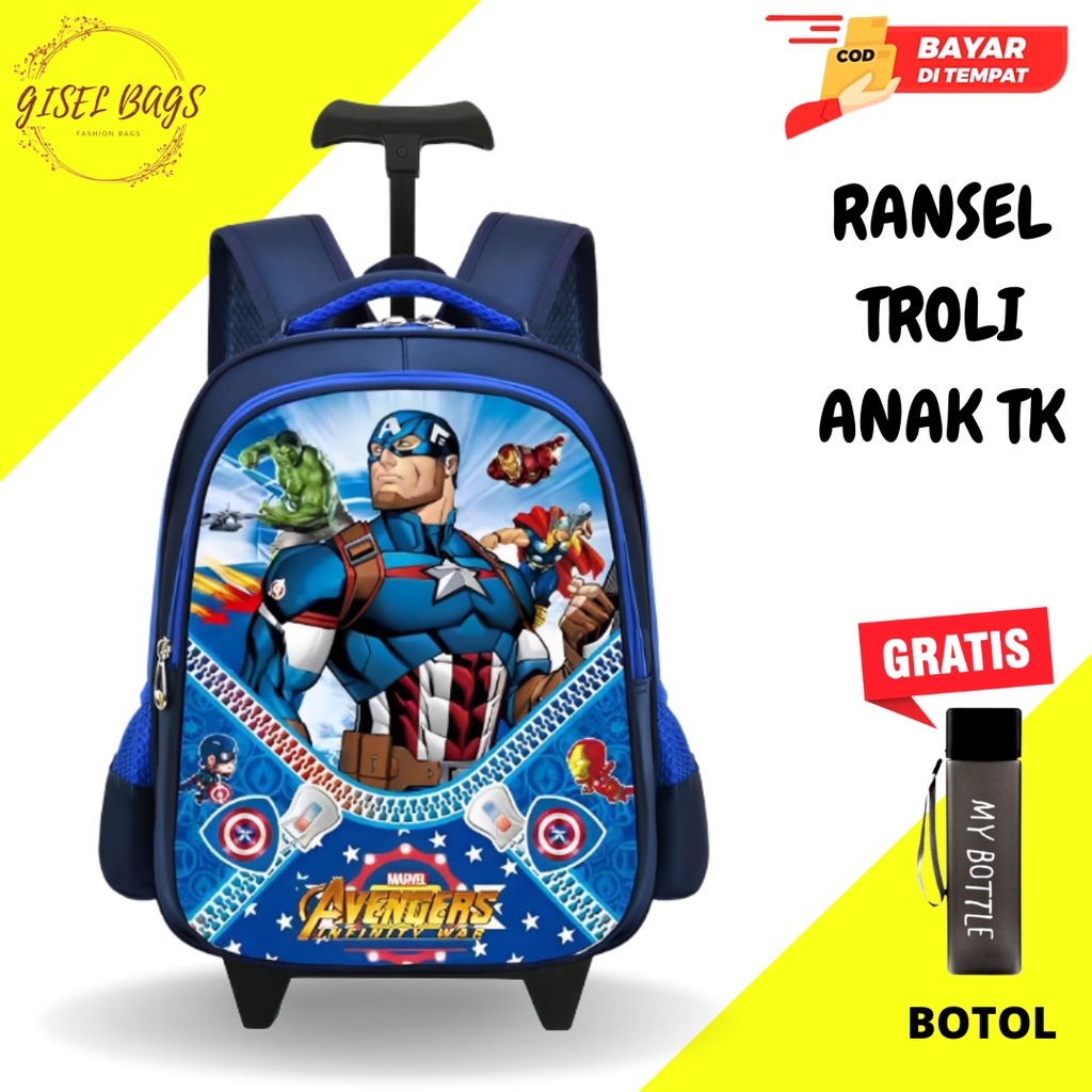 GB-Tas ransel troli laki laki anak TK tas ransel troli karakter superhero timbul tas ransel troli import