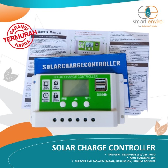 Solar Charger Controller 30A 12V 24V PWM Aki - Lithium Ion - Polymer