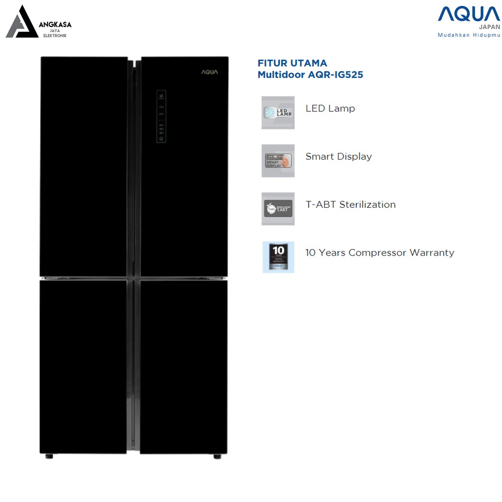 KULKAS AQUA 4 PINTU IG-525AM (GLASS BLACK DOOR) (KHUSUS MEDAN)