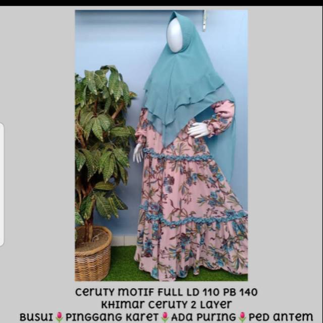 Gamis full ceruty premium pink mix biru wardah
