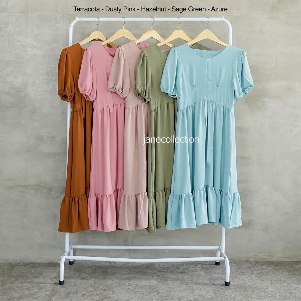 JANE COLLECTION || Midi Dress Wanita Hitam Lengan Balon Ada Karet Panjang Selutut V Neck XL Mila Layer Dress Putih Sage Green Biru Pink