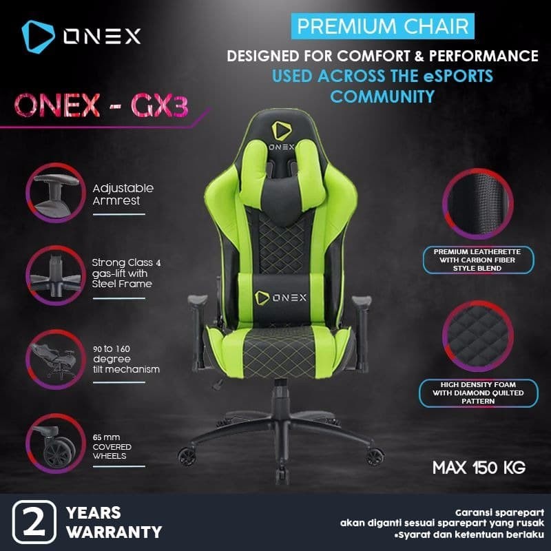 Kursi Gaming ONEX GX3 Premium Quality Gaming Chair Kursi - Hijau