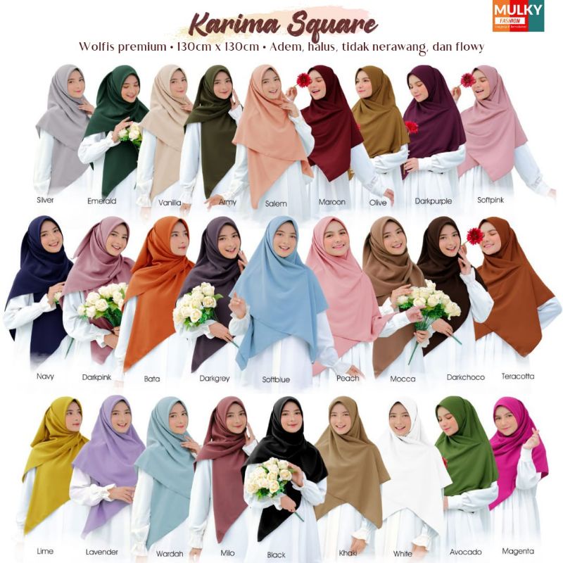 Karima Hijab wolfis Jilbab Kerudung Square Segi empat Premium Grade A Jumbo Size 130 cm Polos