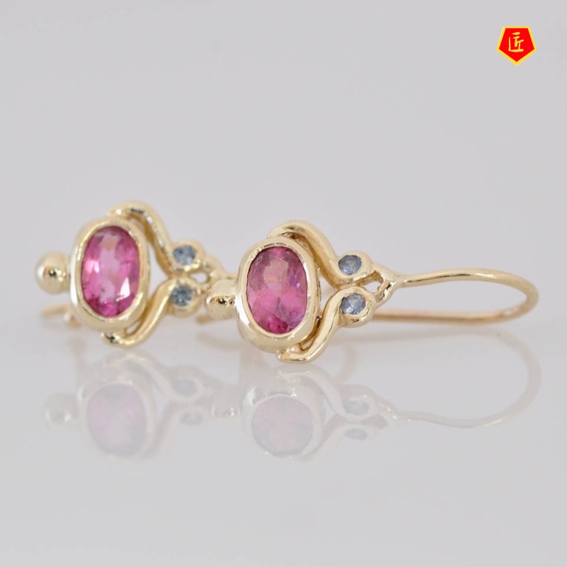 [Ready Stock]18K Gold Vintage Red Gemstone Earrings Luxury Elegant