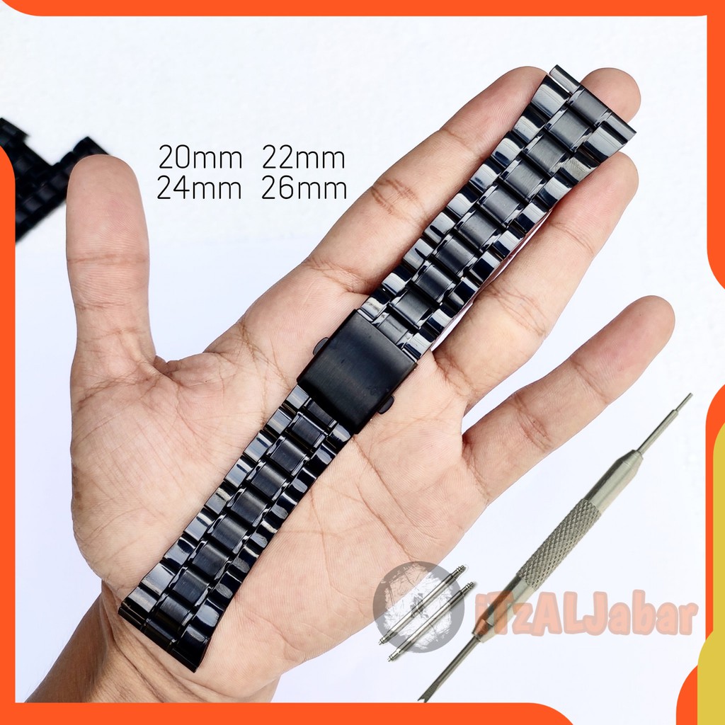 Tali jam Rantai Stainless strap Lurus hitam 20mm 22mm 24mm 26mm