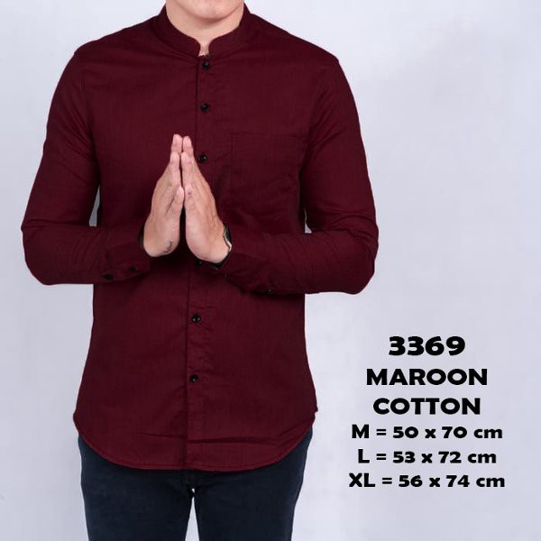 terbaru Baju Kemeja Pria Lengan Panjang Polos Kerah Koko Shanghai Merah Maroon 3369