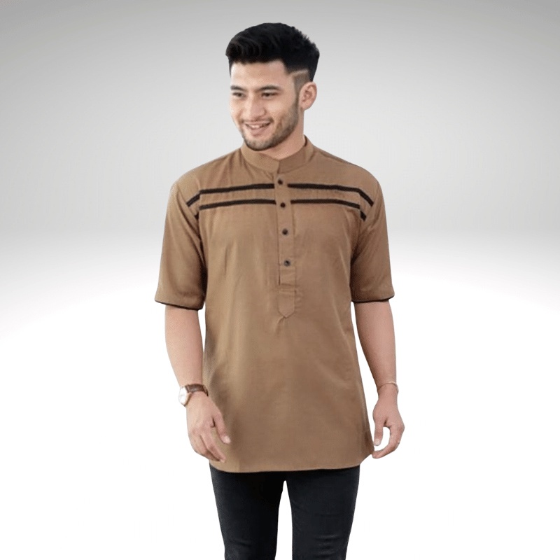 Baju Koko Kurta Dewasa Lengan Pendek Material Catton Adem Serap Keringat-Cokelat