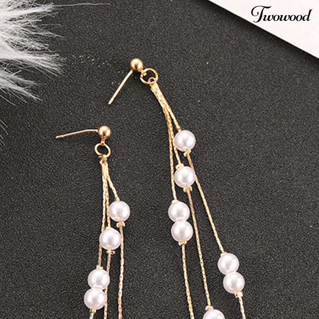 Twowood 1 Pair Dangle Earrings Elegant Long Tassels Alloy Sparkling Rhinestone Faux Pearl Earrings for Women