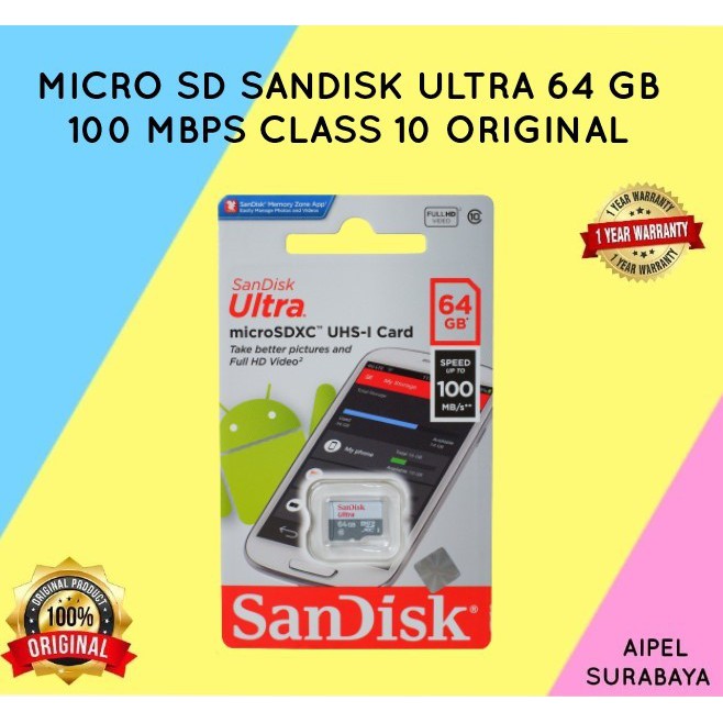 ULTRA64 | MICRO SD SANDISK ULTRA 64 GB 100 MBPS CLASS 10 ORIGINAL RESMI