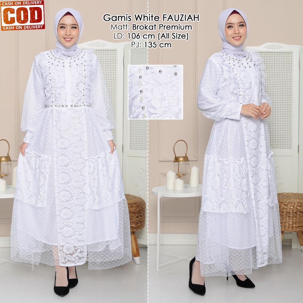 Jual Gamis Syari Brukat Wanita Dewasa Terbaru 2022 Putih Cerah Lebaran