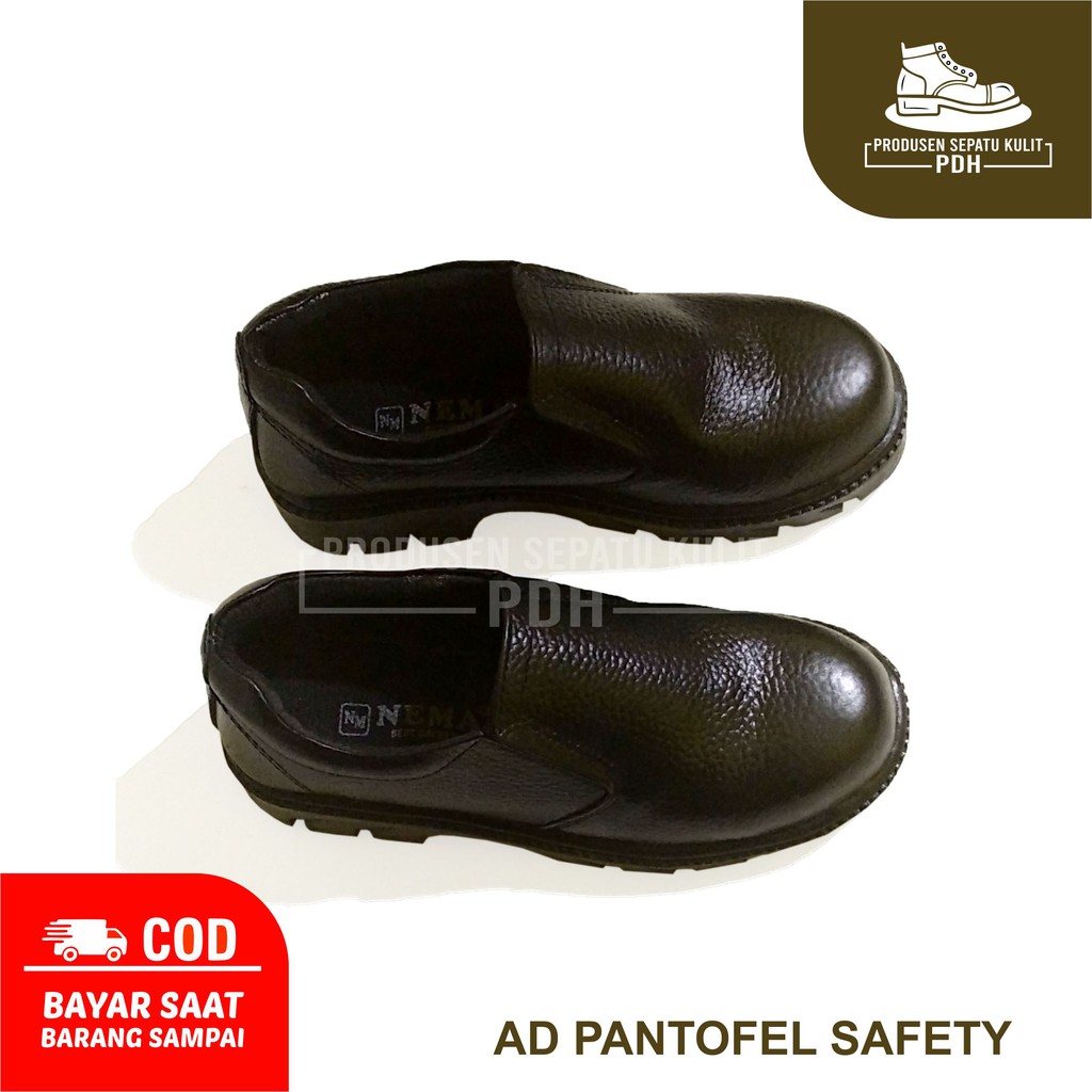 NOTIS - SEPATU SAFETY SLIP ON TALI KULIT SEPATU SAFETY SEFTY SEPTI SELOP SLOP UJUNG BESI PROYEK KITCHEN ANTI SLIP