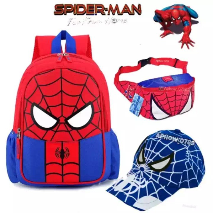 (BIG SALE) PROMO Paket 3 in 1 Tas Sekolah Anak Laki Untuk sd motif SPIDERMAN dan Topi REALPICT