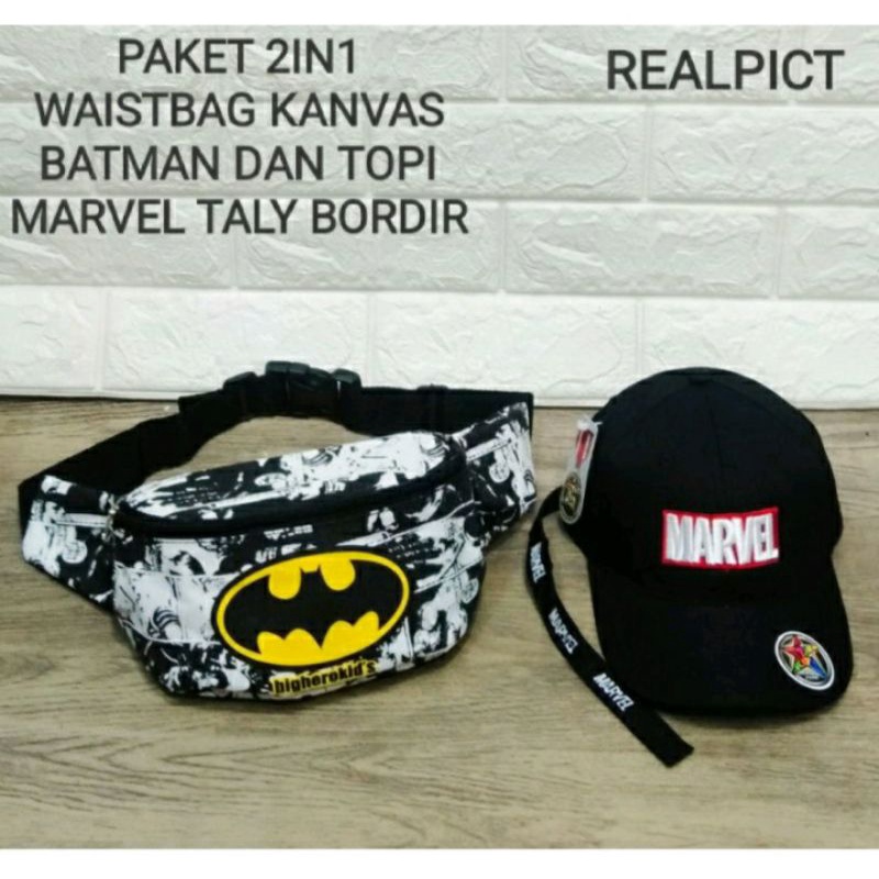 Waistbag Batman vs Marvel topi taly tas SLempang anak laki-laki