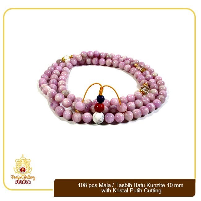 108 Pcs Mala/Tasbih Batu Kunzite 10 mm with Kristal Putih Cutting