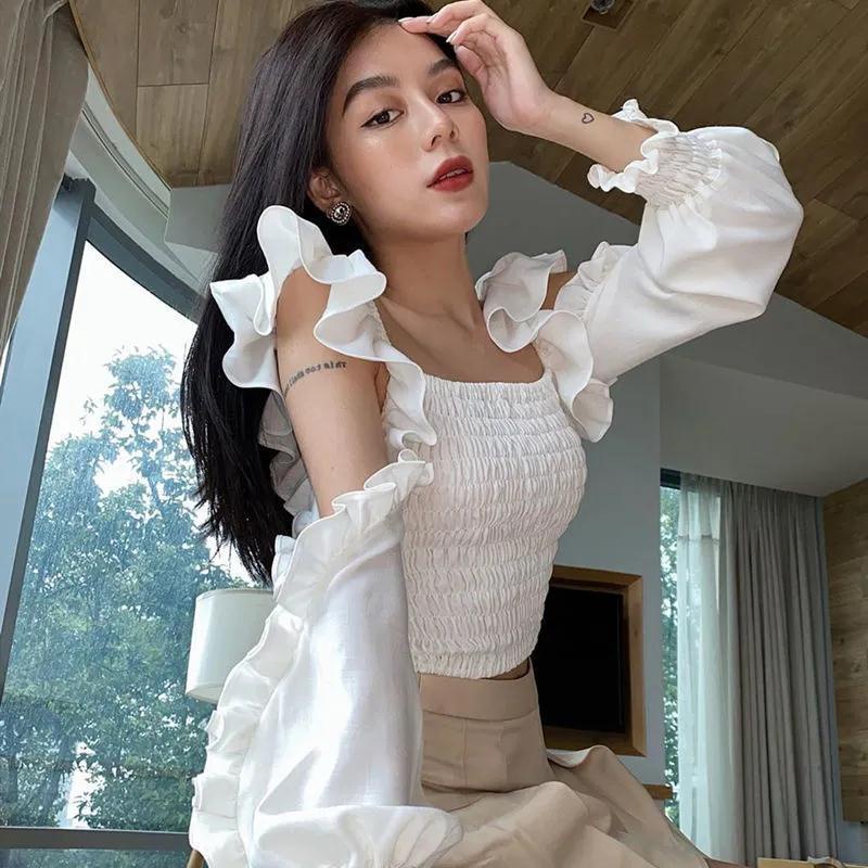 impor French square neck off-shoulder daun teratai lengan pinggang kemeja wanita Chic manis peri lip