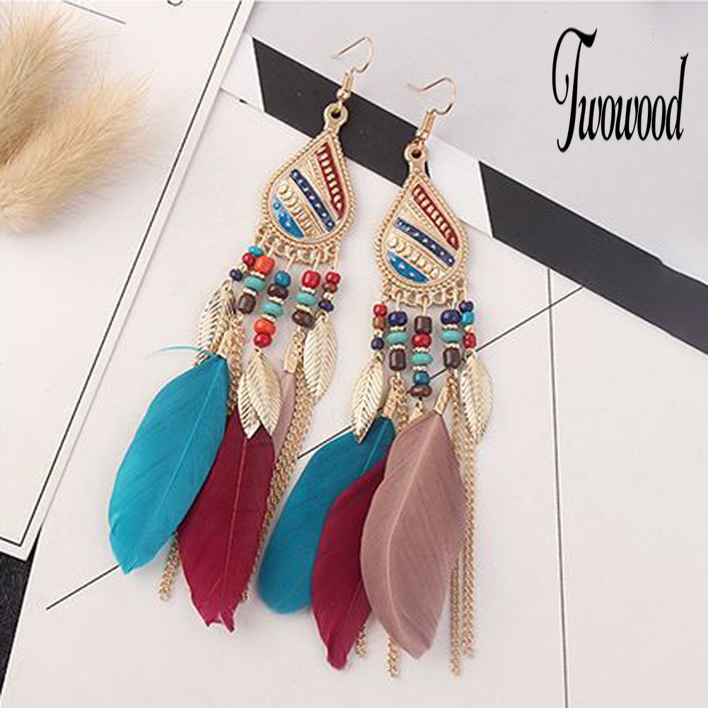 Anting Hook Panjang Menjuntai Aksen Bulu Gaya Vintage Untuk Wanita