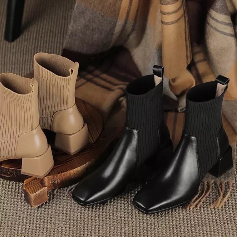 Sepatu Heels Ankle Boots Rajut Wanita Knit Sock Boots