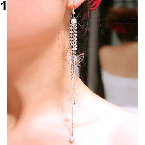 OW@ Women Hollow Butterfly Rhinestone Long Tassels Chain Hook Dangle Linear Earrings