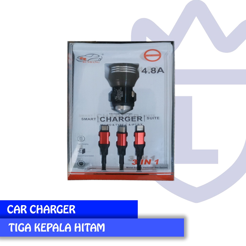 Charger Mobil Smart Charger 3 Kepala 4.8A RHG-133 Hitam