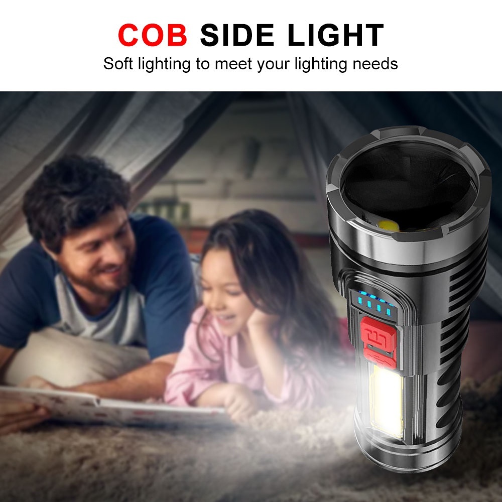Lampu Senter 4-led Cob Genggam Portable Bahan ABS Anti Air Charge USB Untuk Outdoor / Camping / Hiking