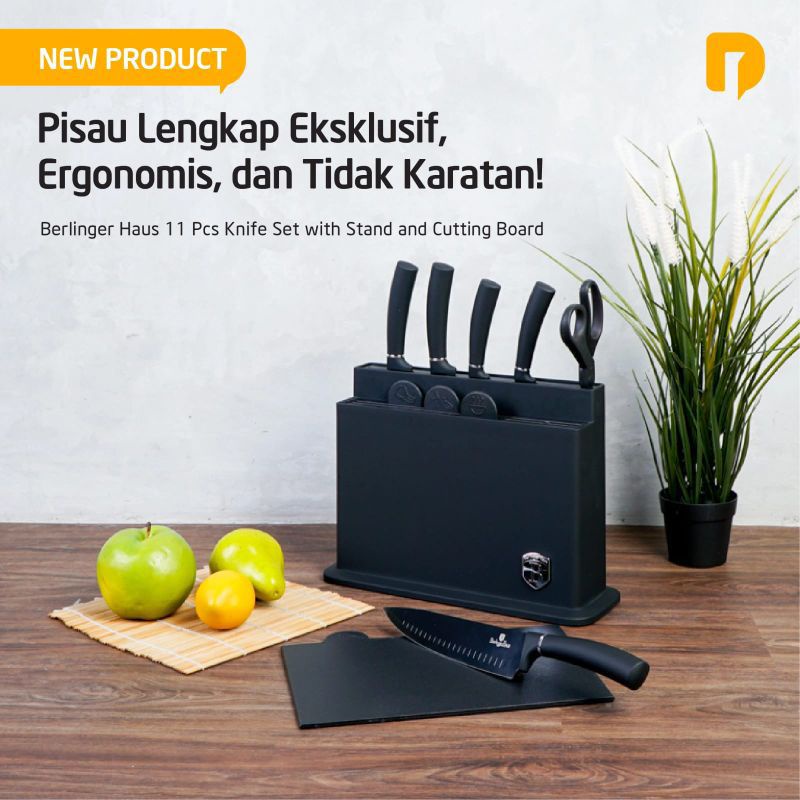 Berlinger Haus Knife Original Pisau Dapur Chef dengan Wadah dan Talenan Tahan Karat Tajam Premium