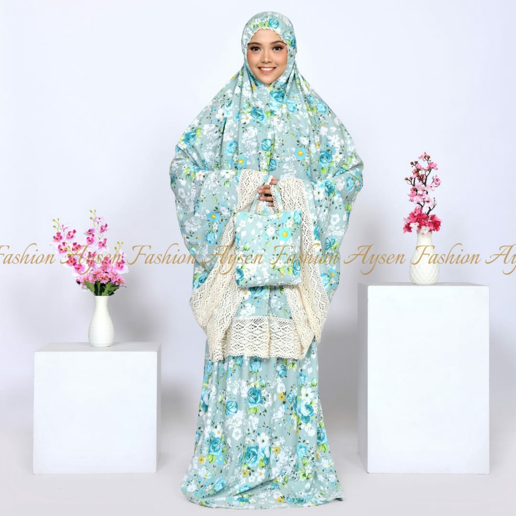 Mukena Dewasa Jumbo Katun Motif Aplikasi Renda Rajut