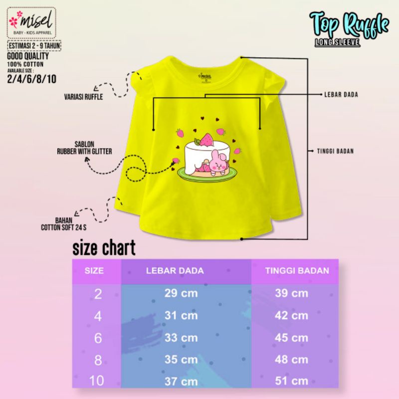 Kaos ruffle anak tangan panjang usia 2-9 tahun