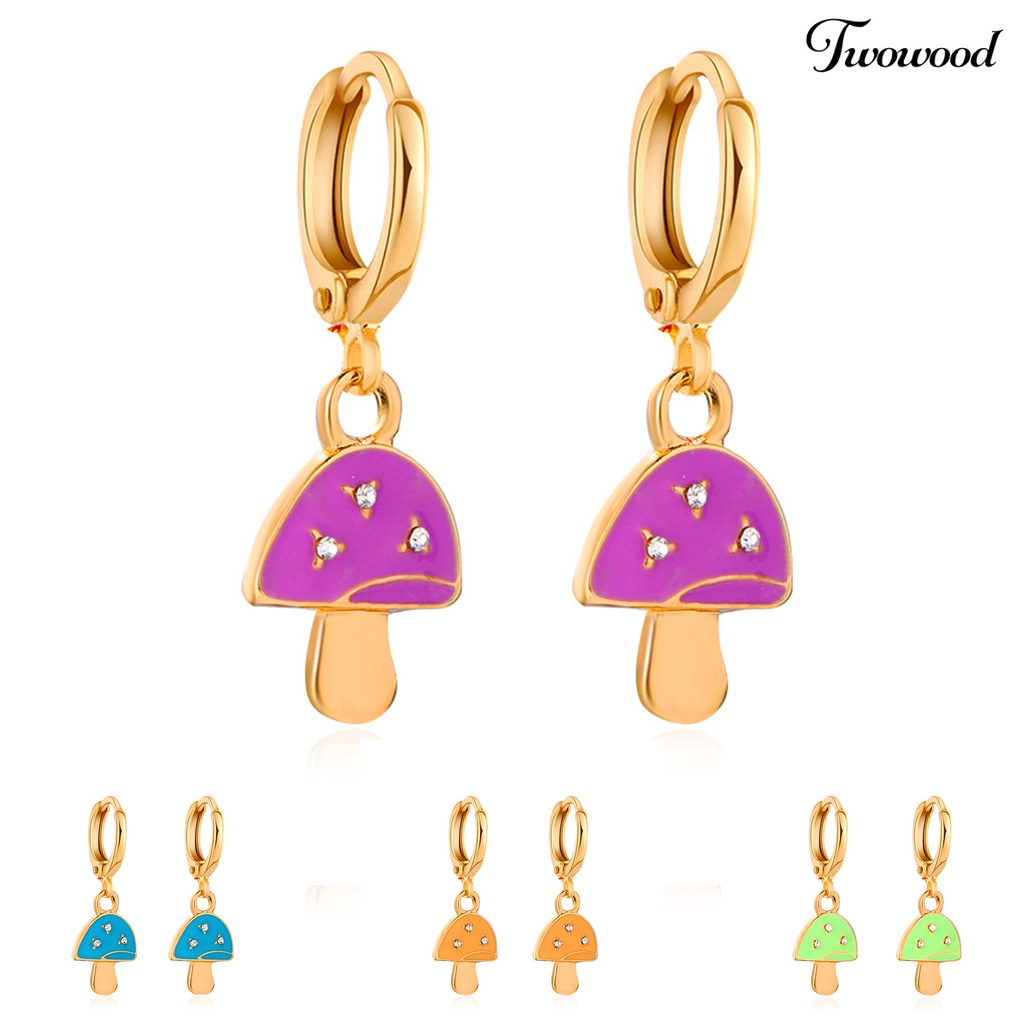 Twowood 1 Pair Mushroom Shape Rhinestone Drop Earrings Alloy Piercing Bright Color Clip Earrings Jewelry Accessory