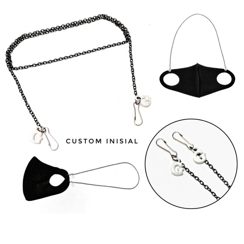 Kalung Gantungan Masker Custom Inisial White Strap Mask Black Chain Initial Putih Rantai