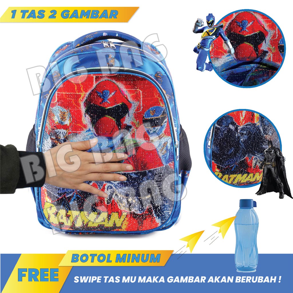 Tas Ransel Anak Laki Laki Karakter POWER RANGERS &amp; BATMAN - Tas Ransel Model Usap / Swipe + BOTOL