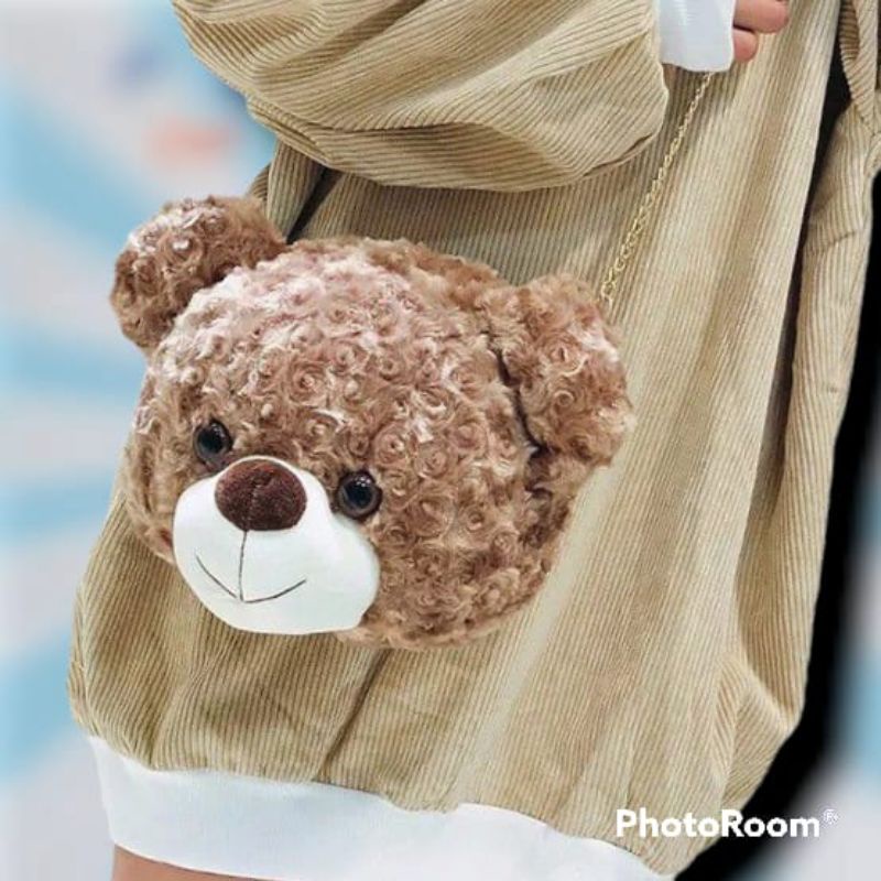 Tas SLempang  Tedy bear/tedybear macan/slingbag bulu bulu kepala beruang lucu terbaru