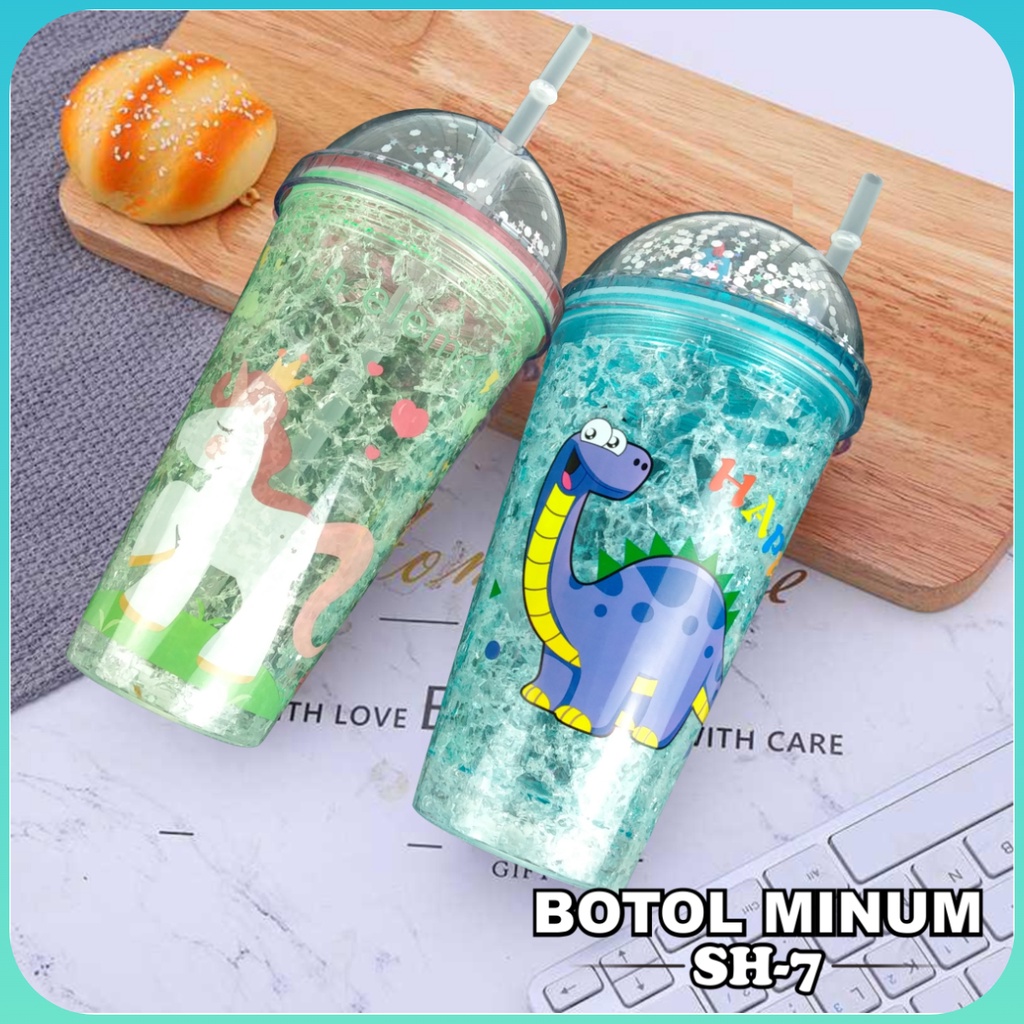 Tumbler Gel Glitter Botol Minum Berkarakter Sedotan TERBARU