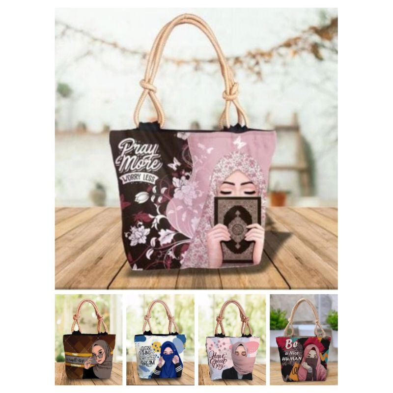 Tote Bag tali sumbu Keren Tote Hijab Canvas Premium Tas wanita C