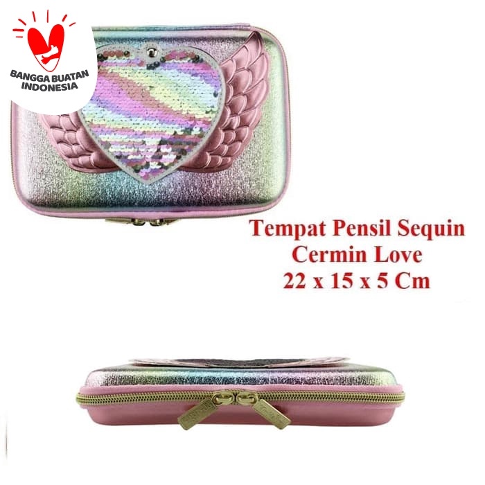 

Tempat case kotak pensil model SMIGGLE hologram sequin cermin LOVE promo