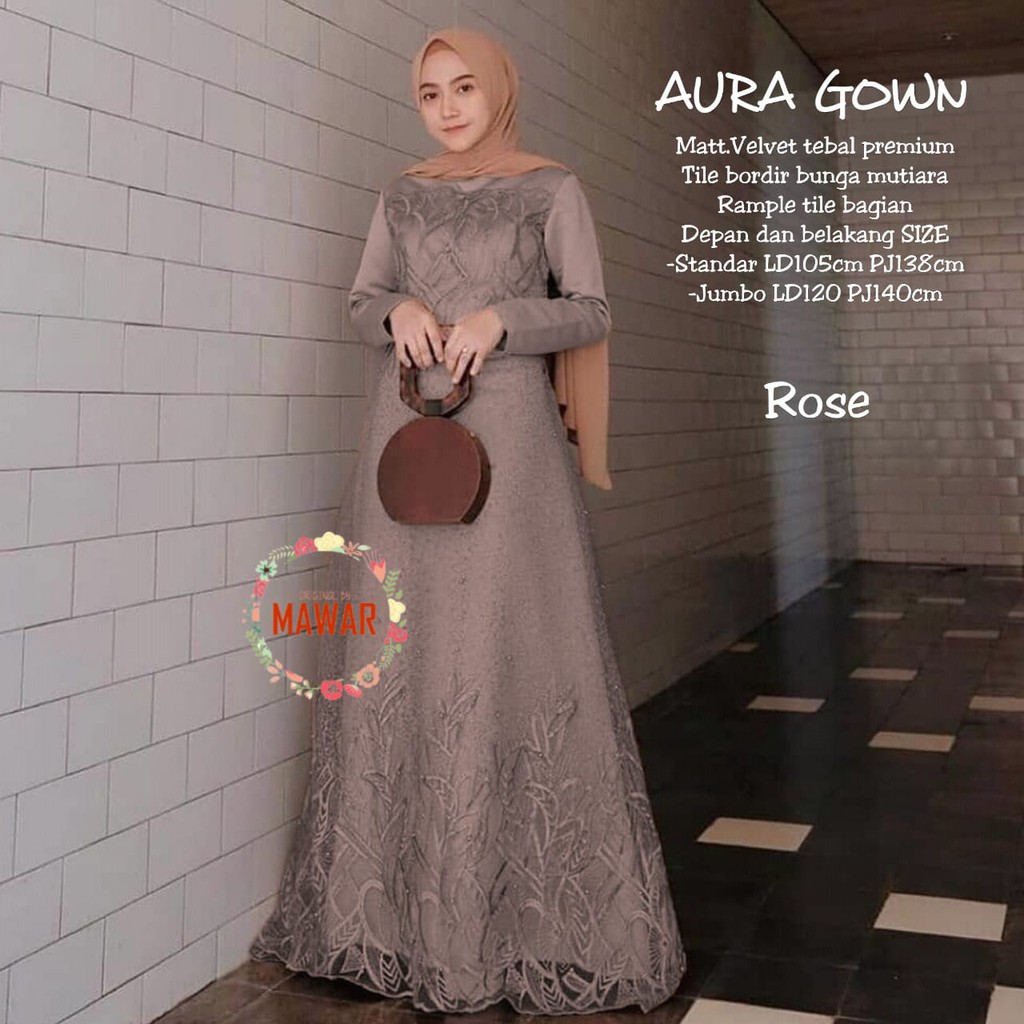 AURA gown party long dress brokat tile mutar mutiara pesta gamis lengan panjang jumbo bigsize cewek