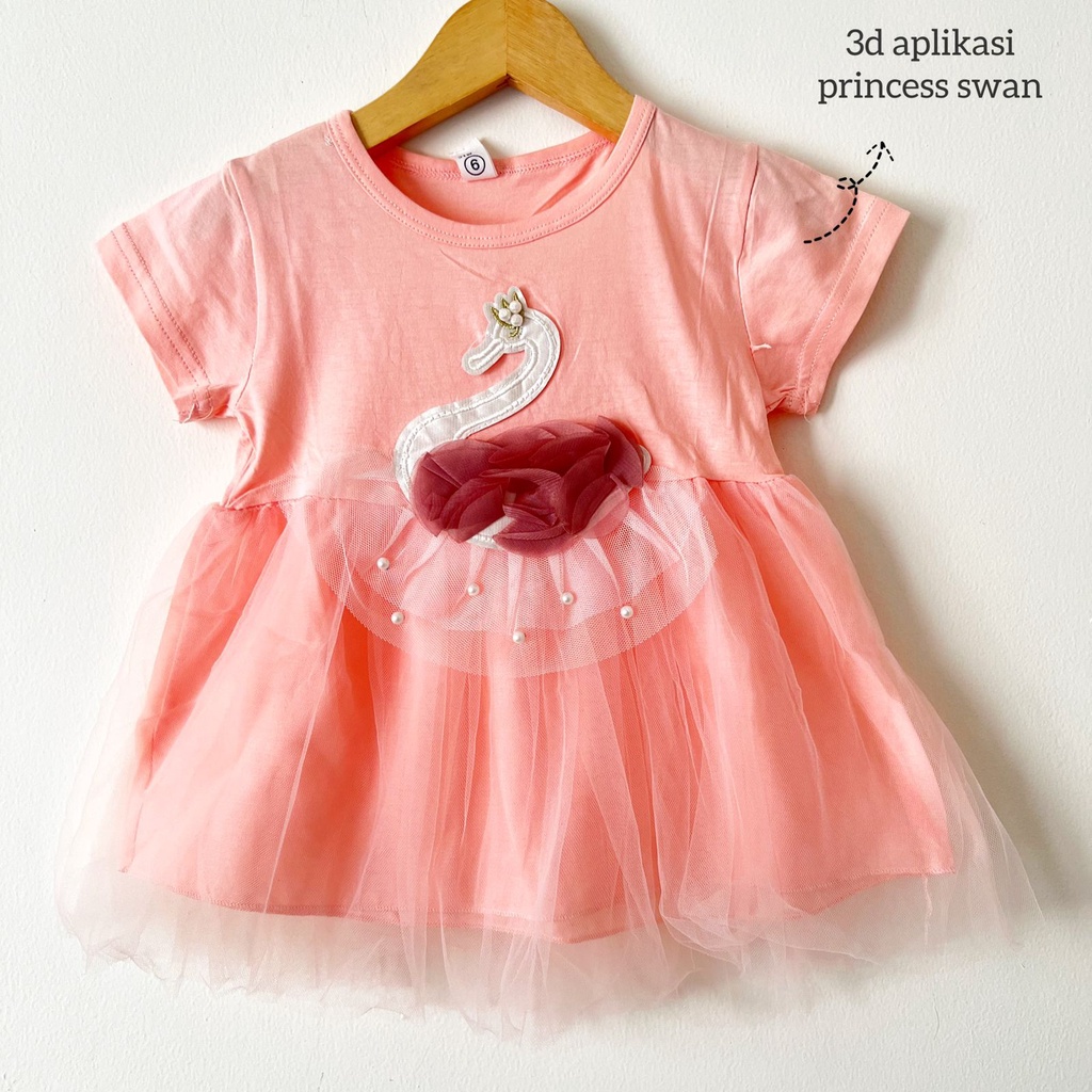 SIMPLE MEOW / LUCKY CAT / PEACHY / PRINCESS SWAN SLEEPING BEAUTY  DRESS Baju Dress Bunga Bandana Sepatu Pergi Lucu Fashion Anak Bayi Perempuan Cewek Import-softpink PRINC SWAN