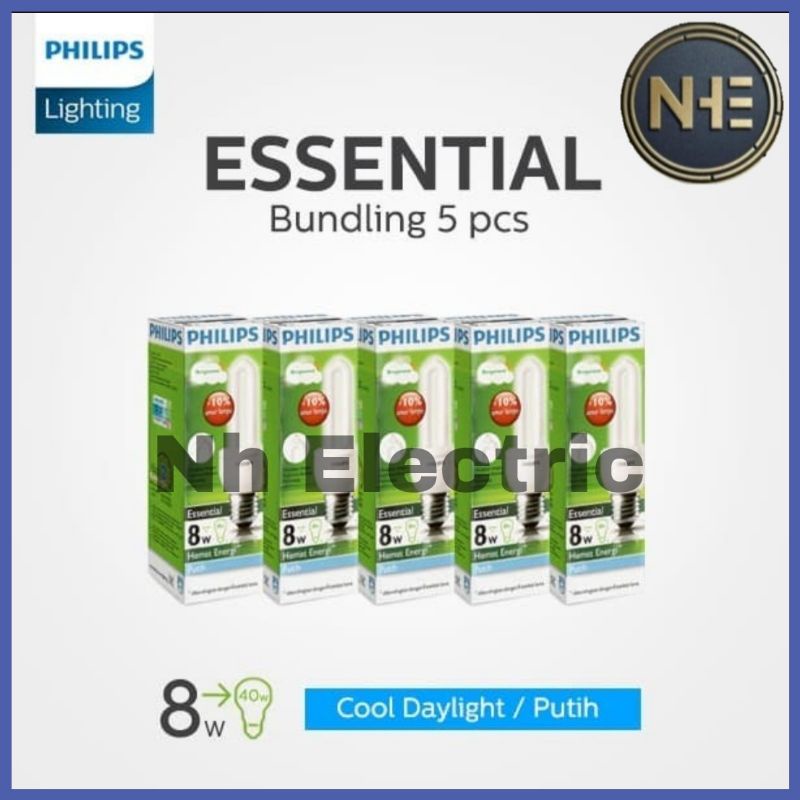 Lampu Philips Essential 8W Watt Putih CDL E27 - Esst 8 Watt Philips White 220V SNI Bundling 5 Pcs