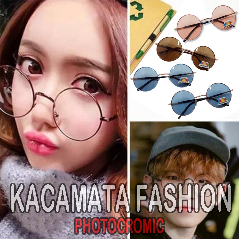 Kacamata Photocromic Wanita Pria Gratis Lensa Potokromik Berubah Warna Fotocromic Frame Bulat Round