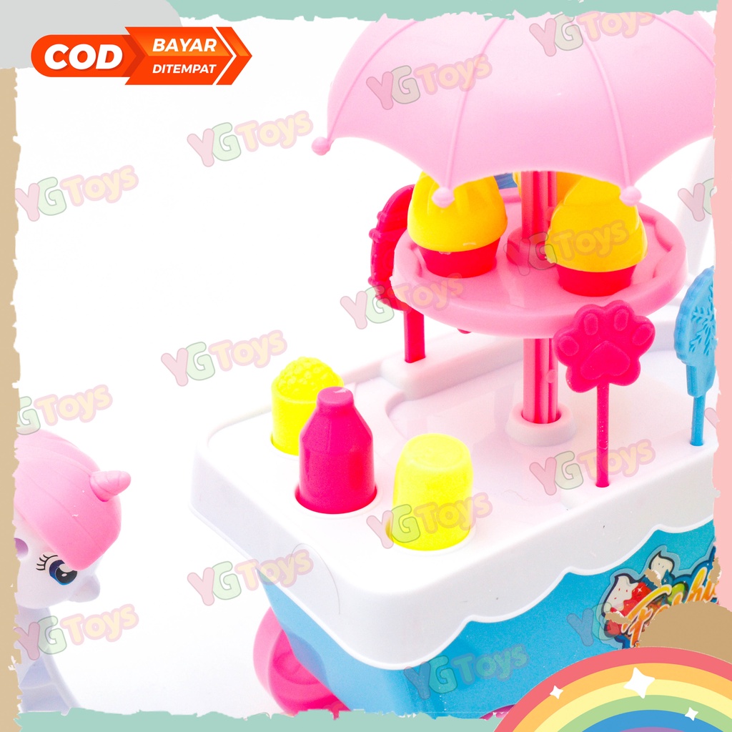 YGtoys Mainan Anak Jualan Gerobak Es Krim Kuda Poni Eskrim Mini Keranjang Playset DIY Kasir Kasiran Makanan