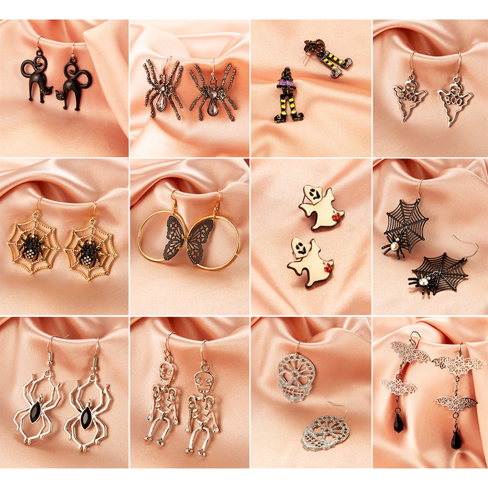 Horror Lucu Halloween Anting-Anting Hantu Jaring Laba-laba Kelelawar Tengkorak Anting-Anting Wanita